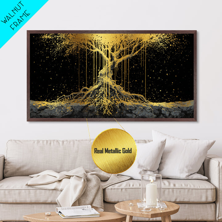 Norse Yggdrasil Tree of Life Metallic Gold Art Metal Art | Nordic Mythology Office Wall Decor Man Cave Gift in natural wood frame