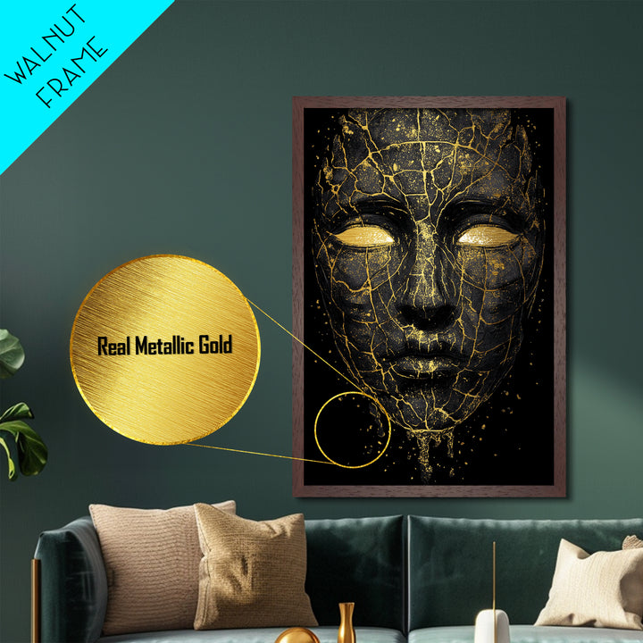 Cracked Mask Metallic Gold Art Metal Art | Norse Mythology Symbolic Face Wall Decor | Viking Pagan Office or Man Cave Art Framed in Wood
