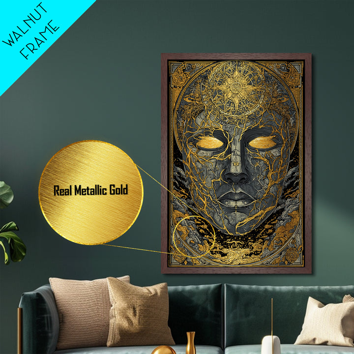 Norse Mythology Mask Wall Decor Metallic Gold Art Metal Art for Man Cave or Office, framed in natural real wood