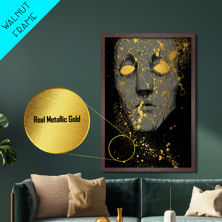 Metallic Gold Art Metal Art Norse Mythology Mask Design, Nordic Wall Decor with Real Wood Frame for Office or Dad Gift