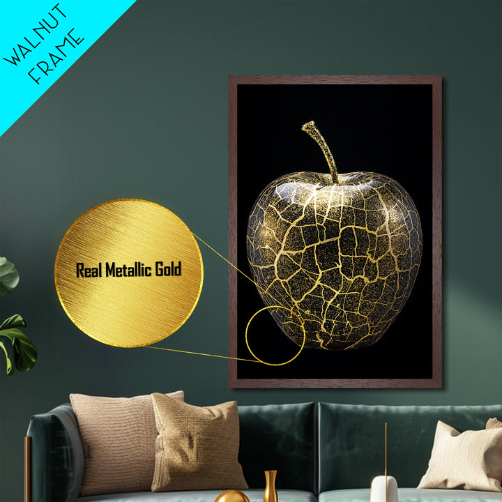 Golden Apple of Idunn Norse Myth Metallic Gold Art Metal Art, Viking Wall Decor framed in authentic natural wood