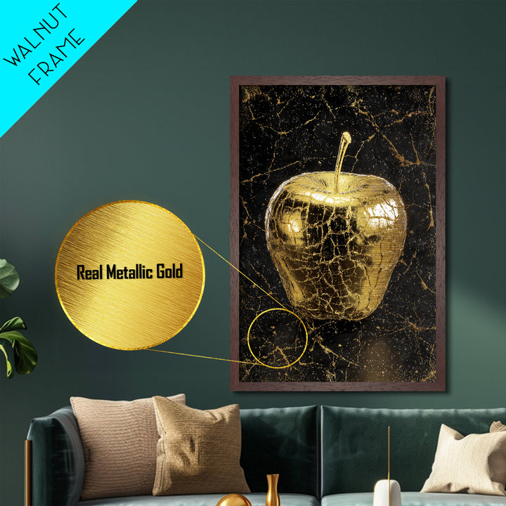Nordic Mythology Golden Apple Metallic Gold Art Metal Art, Unique Norse Symbol Wall Decor with real wood frame