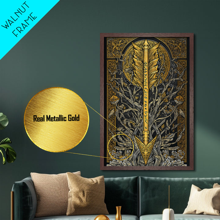 Metallic Gold Art Metal Art Viking Arrow Design Norse Mythology Decor, Nordic Office or Dad Gift framed in natural wood