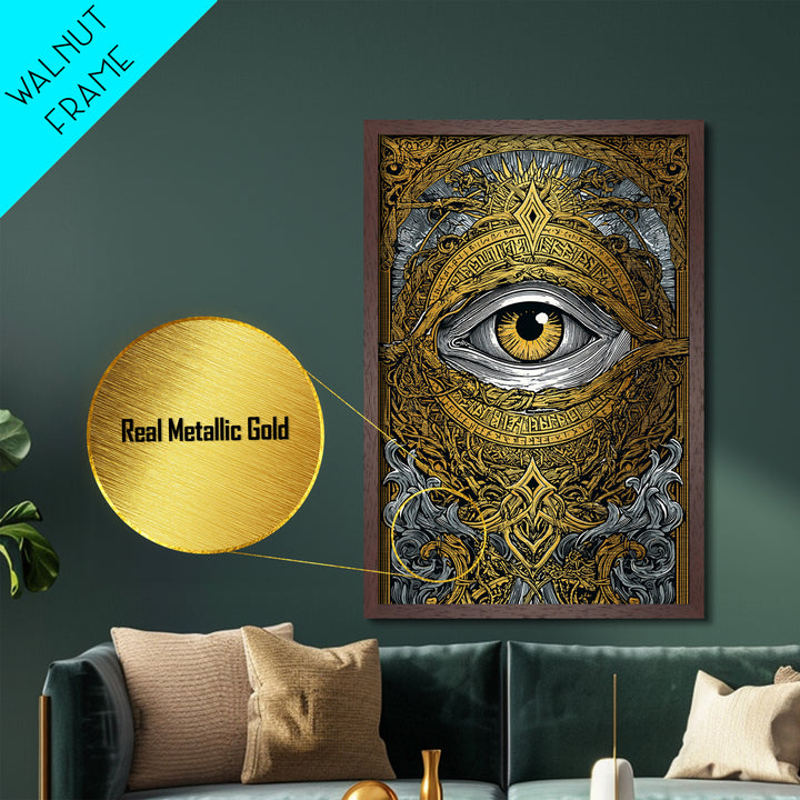 Norse All-Seeing Eye Metallic Gold Art Metal Art, Nordic Mythology Office or Man Cave Wall Decor framed in natural wood