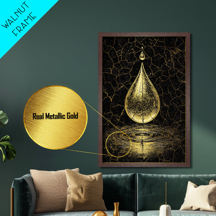 Metallic Gold Art Metal Art Norse Water Drop Symbol Nordic Mythology Office Wall Art for Men framed with real wood