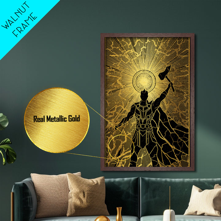 Norse God Thor Lightning Hammer Metallic Gold Art Metal Art Nordic Mythology Office Wall Art Man Cave framed in wood