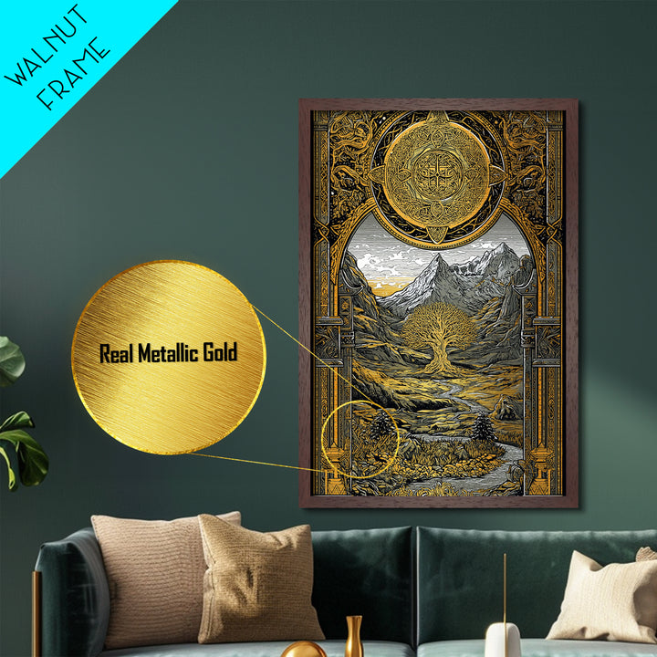 Yggdrasil World Tree Metallic Gold Art Metal Art Nordic Mythology Nature Wall Decor, Viking Office or Man Cave framed in wood