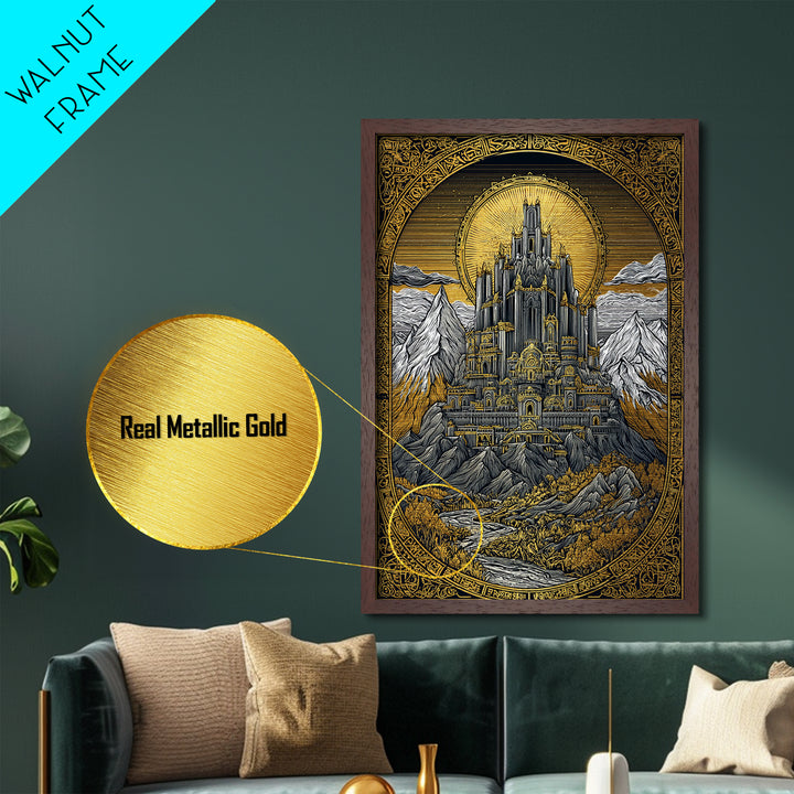 Asgard Castle Metallic Gold Art Metal Art Nordic Mythology Fortress Wall Art, Viking Inspired Office or Dad Gift framed in wood