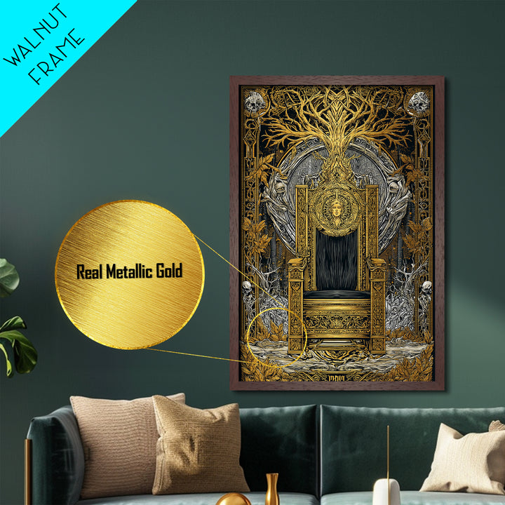 Nordic Throne Metallic Gold Art Metal Art Viking Mythology Wall Decor, Norse Royal Seat Wall Art framed in wood for Office Gift