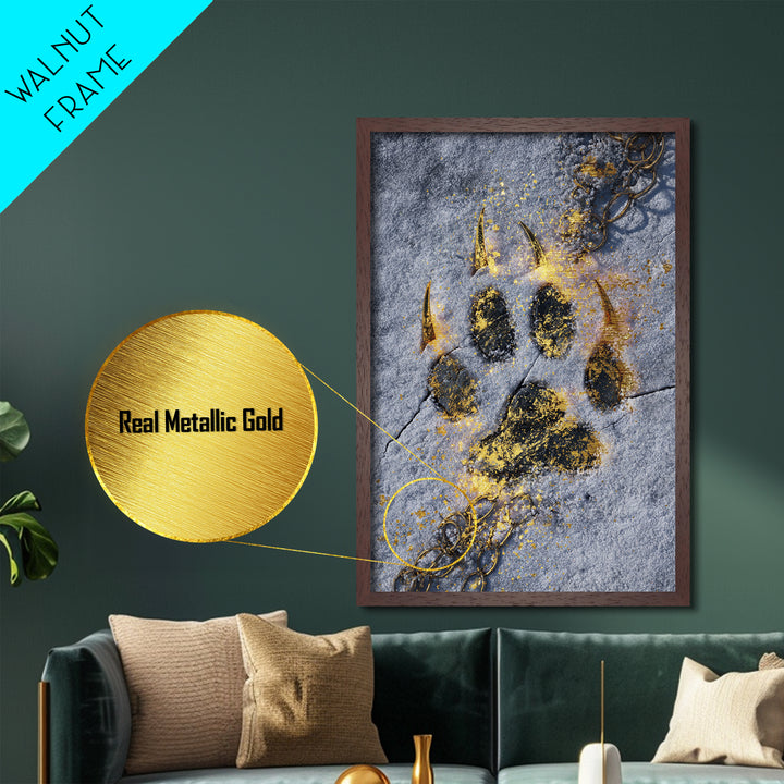 Fenrir’s Paw Print Metallic Gold Art Metal Art Norse Wolf Mythology Wall Decor, Viking Office Art framed with real wood for Men