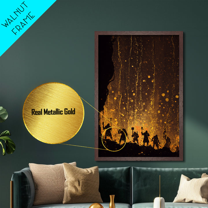 Norse Dwarves Warrior Silhouette Metallic Gold Art Metal Art Nordic Mythology Man Cave Wall Decor framed in natural wood
