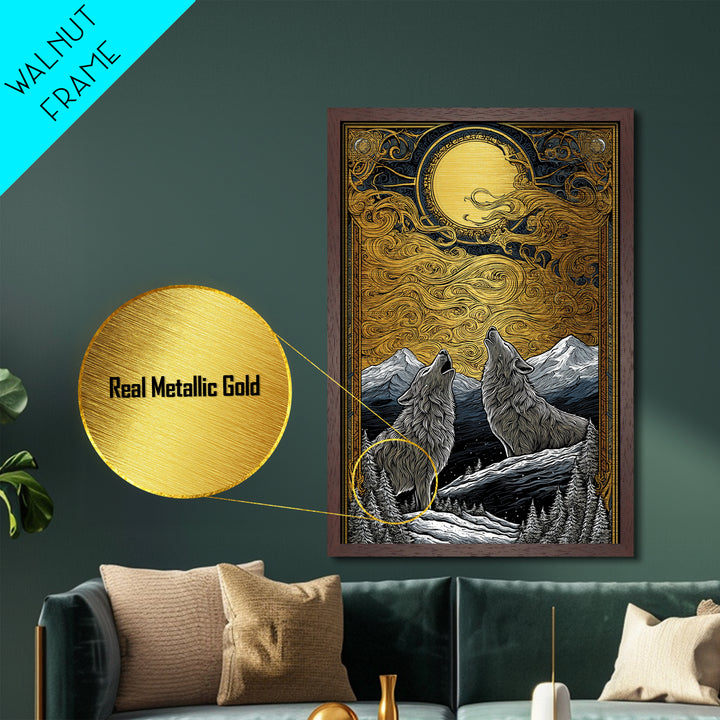 Skoll and Hati Wolves Chasing Sun Metallic Gold Art Metal Art Norse Mythology Nordic Wall Decor Office Art in wood frame