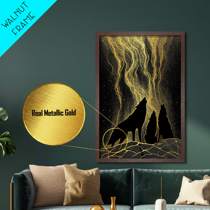 Howling Wolves Under Golden Sky Metallic Gold Art Metal Art Norse Mythology Nordic Decor Man Cave or Office framed in solid wood