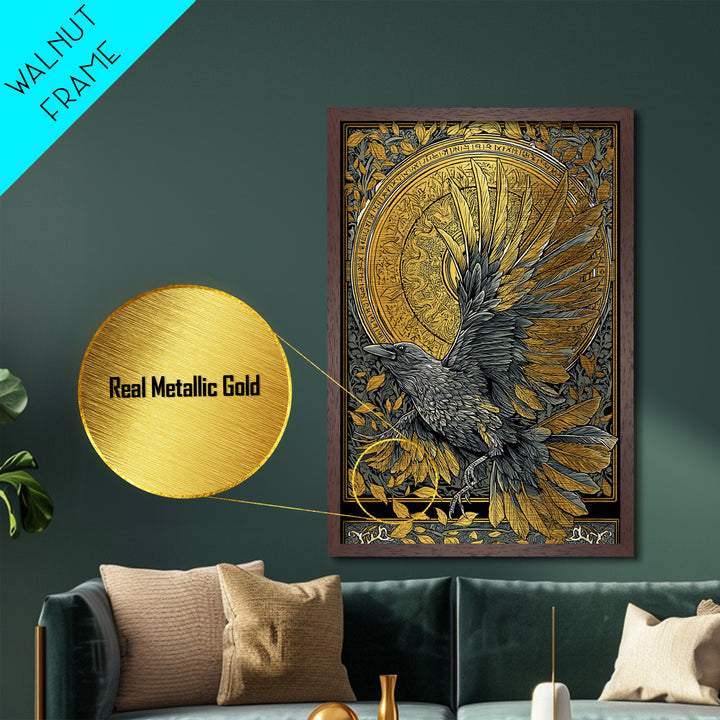 Muninn Raven Metallic Gold Art Metal Art Norse Mythology Nordic Wall Hanging Man Cave Office Decor in real wood frame