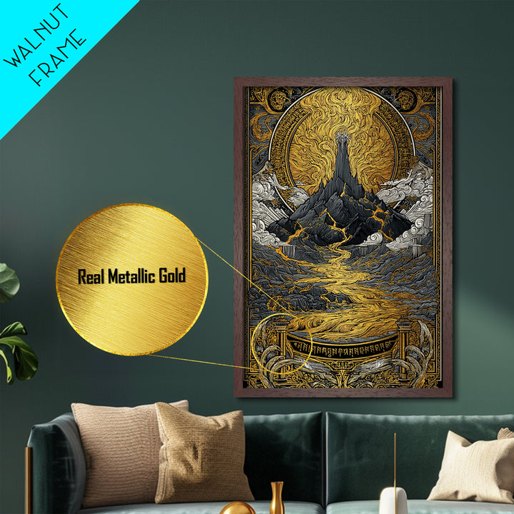 Muspelheim Fire Mountain Metallic Gold Art Metal Art | Viking Mythology Lava Landscape Wall Art | Natural Wood Frame Included