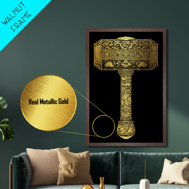 Viking Mjölnir Hammer Metallic Gold Art Metal Art | Nordic Mythology Pagan Symbol Wall Art Dad Gift | Office Decor in Wood Frame