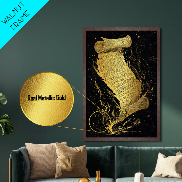 Runestone Scroll Metallic Gold Art Metal Art | Nordic Mythology Rune Wall Art Viking Pagan Decor | Natural Wood Frame Man Cave Art
