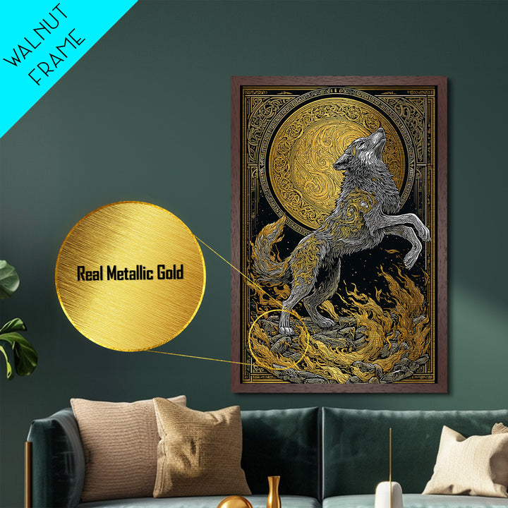 Mythic Wolf Spirit Metallic Gold Art Metal Art | Norse Viking Wall Art Pagan Symbol Decor for Man Cave | Set with Natural Wood Frame