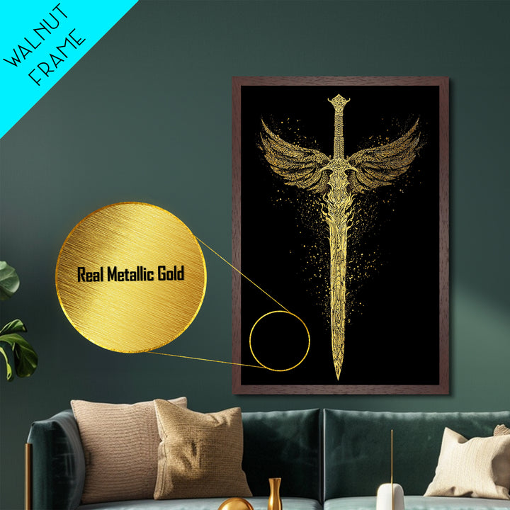 Norse Angelic Sword Metallic Gold Art Metal Art | Viking Warrior Weapon Wall Art Dad Gift | Mounted with Solid Natural Wood Frame