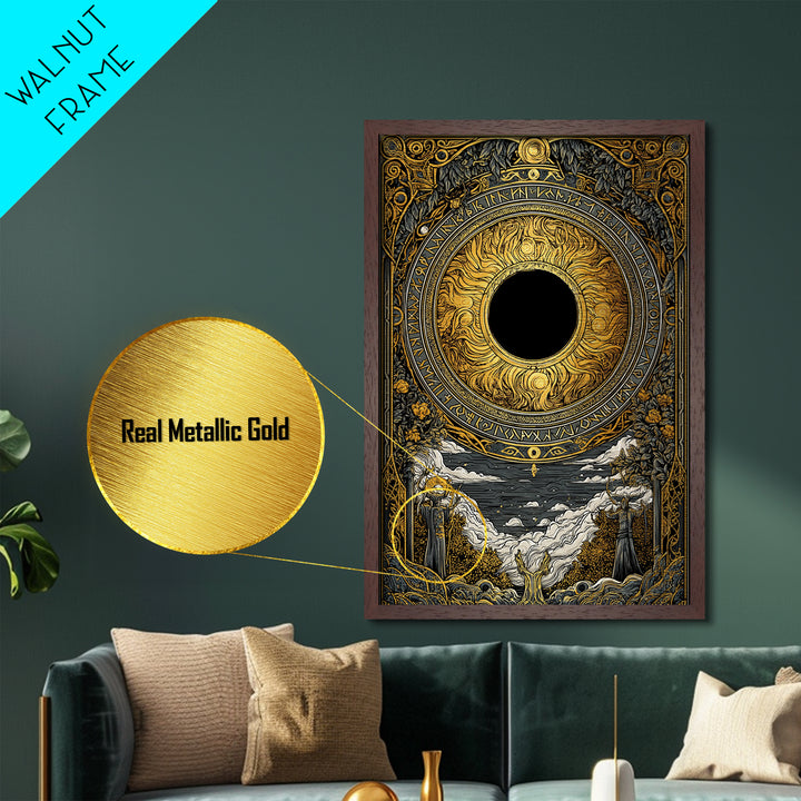 Solar Eclipse Nordic Metallic Gold Art Metal Art | Viking Pagan Wall Decor Mythology Office Art | Mounted in Solid Natural Wood