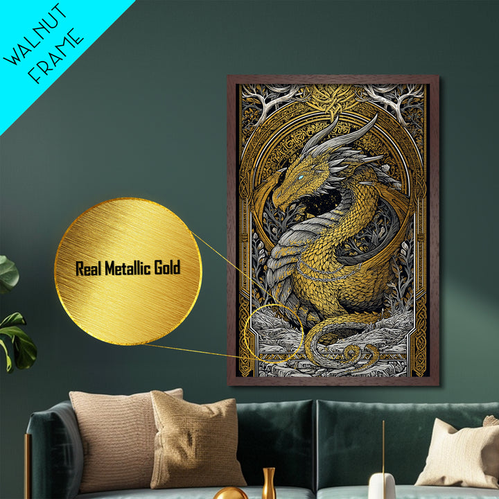 Nordic Dragon Metallic Gold Art Metal Art | Viking Mythology Wall Decor for Dad Gift or Office Art | With Natural Wood Frame