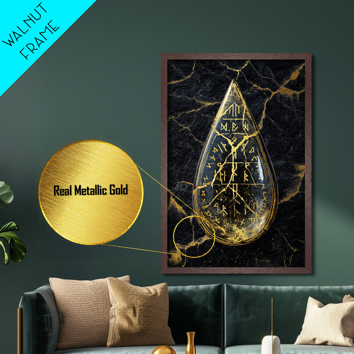 Runestone Metallic Gold Art Metal Art | Viking Runes Nordic Mythology Wall Art for Man Cave or Study | Mounted in Real Wood