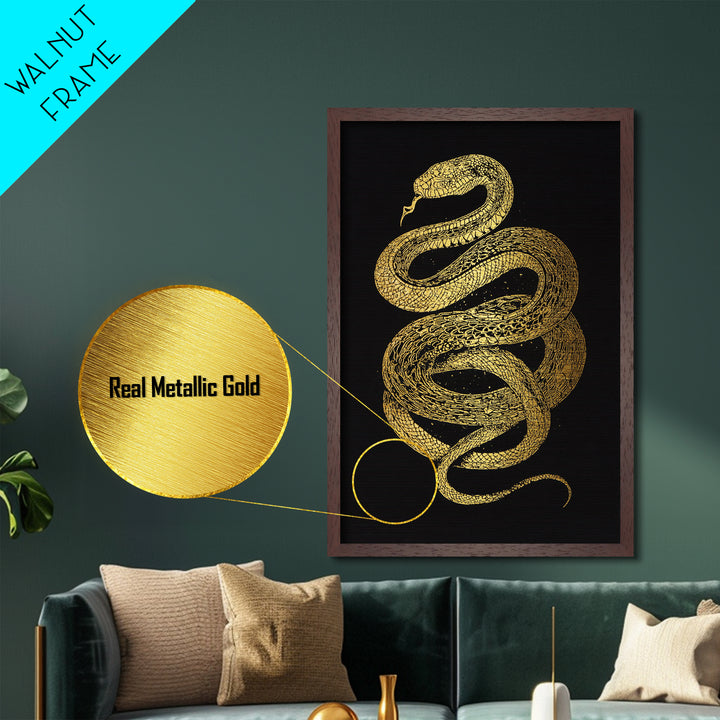 Jormungandr Serpent Metallic Gold Art Metal Art | Viking Snake Norse Mythology Wall Art for Office or Man Cave | Framed in Wood