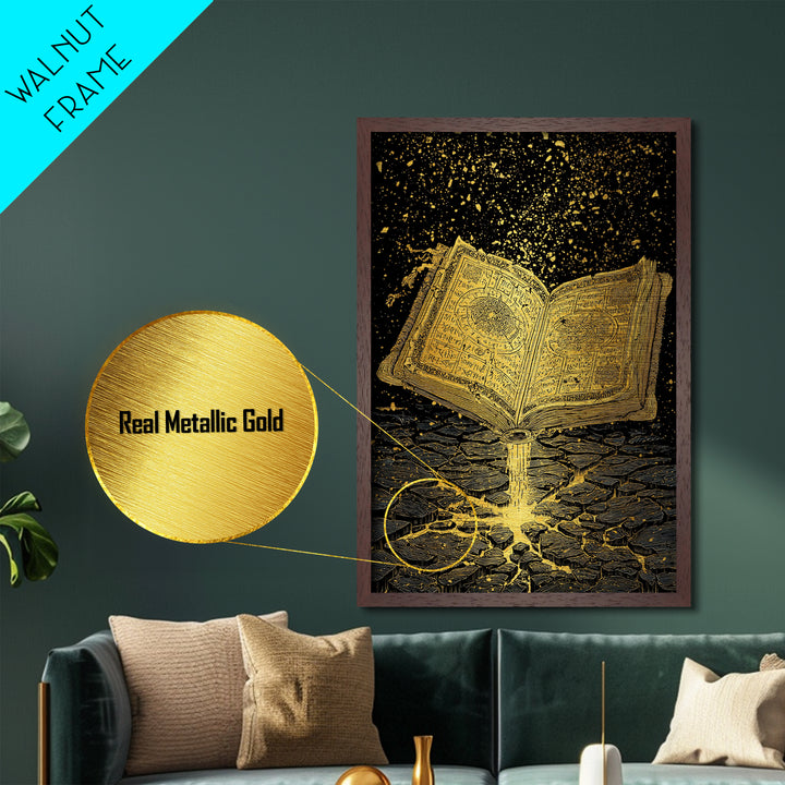 Nordic Spellbook Metallic Gold Art Metal Art | Viking Runes Mythology Wall Decor for Man Cave or Office | Framed with Wood