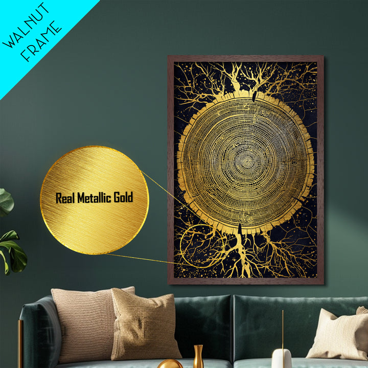 Metallic Gold Art of Yggdrasil Inspired Tree Rings, Norse Mythology Metal Art for Dad Gift or Study, handcrafted real wood frame