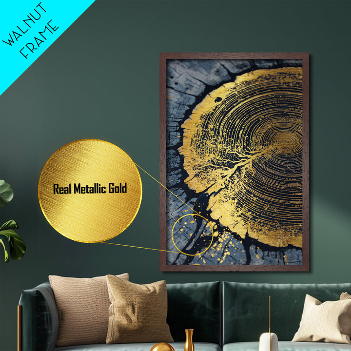 Odin’s Yggdrasil Tree Ring Metallic Gold Art, Nordic Mythology Metal Art for Man Cave or Office, framed in natural real wood
