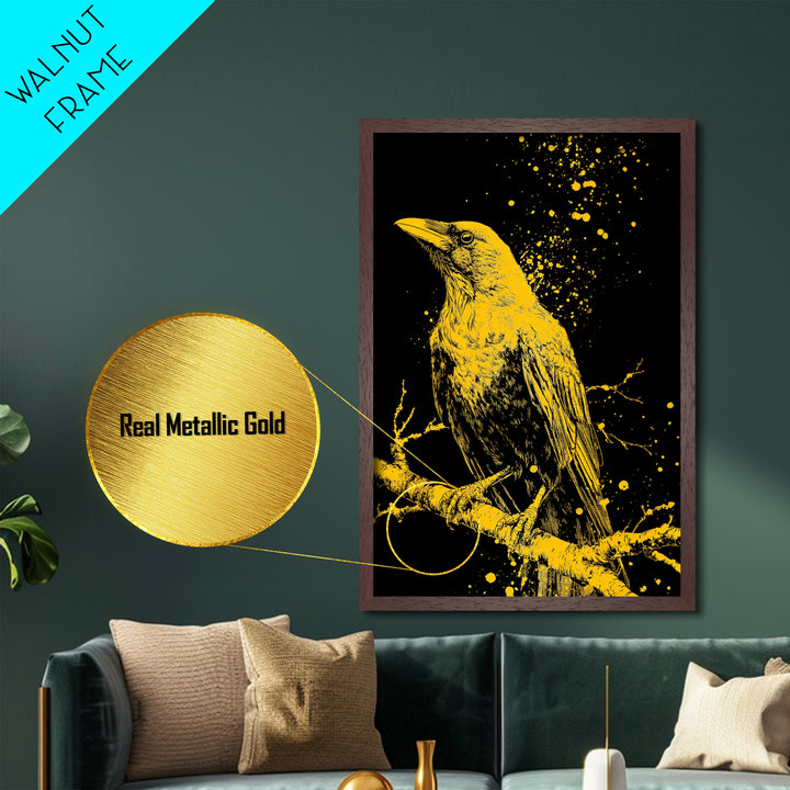 Nordic Mythology Raven Metallic Gold Art, Odin’s Huginn Raven Metal Art for Dad Gift, Office or Study, framed with natural wood