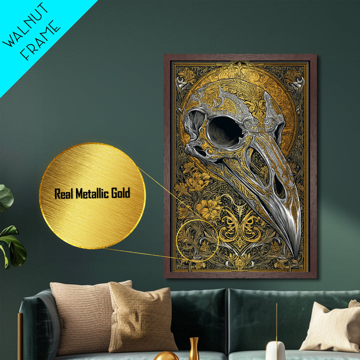 Norse Crow Skull Metallic Gold Art, Nordic Mythology Metal Art for Man Cave or Office, framed in handcrafted real wood frame