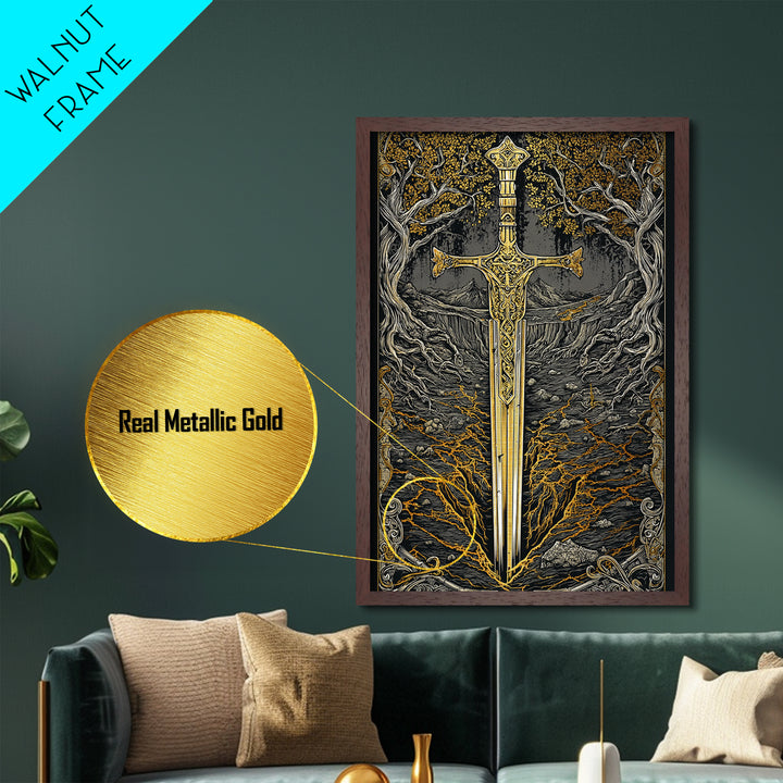 Yggdrasil Sword Metallic Gold Art, Nordic Mythology Metal Art for Office or Dad Gift, handcrafted and framed in real natural wood