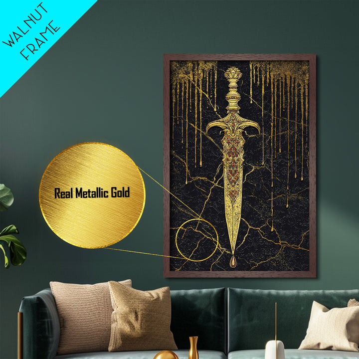 Norse Royal Dagger Metallic Gold Art Metal Art | Viking Weapon Mythology Wall Decor Office Art | Framed with Solid Natural Wood