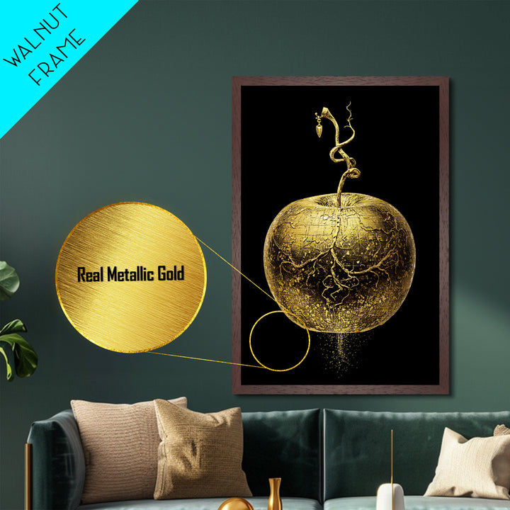Golden Apple of Idunn Metallic Gold Art Metal Art | Norse Mythology Wall Decor Pagan Symbol | Office Art Dad Gift | Real Wood Frame