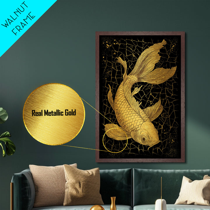Nordic Mythology Metallic Gold Art Metal Art Koi Fish Wall Decor, Viking Inspired Gift for Men, Framed in Real Wood