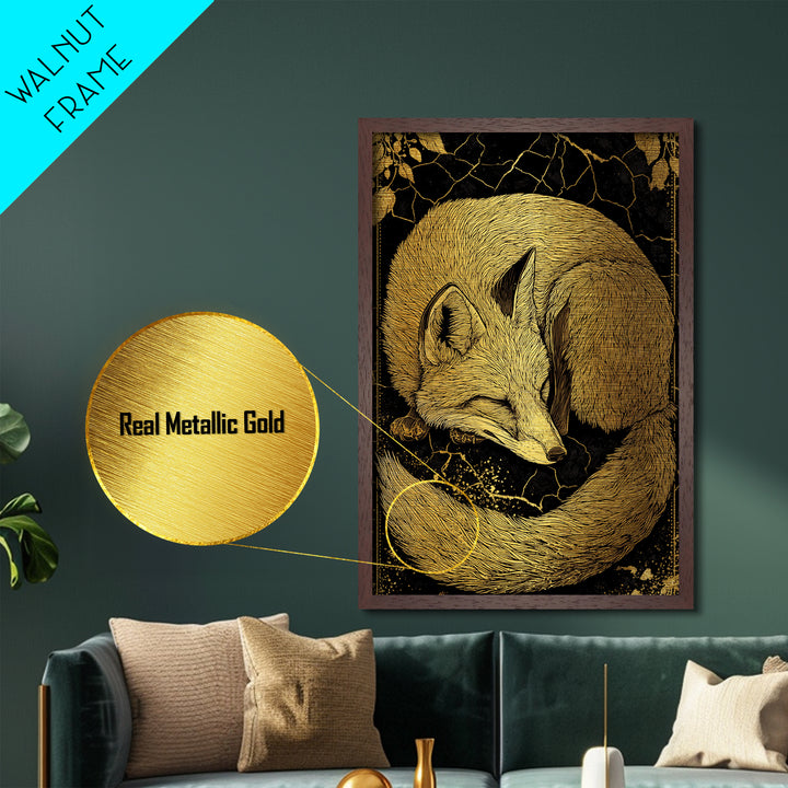 Nordic Sleeping Fox Metallic Gold Art Metal Art Decor, Viking Myth Inspired Animal Wall Hanging with Natural Wood Frame