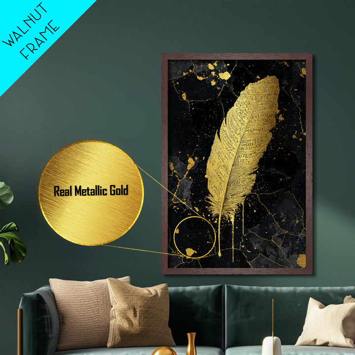 Runic Feather Metallic Gold Art, Nordic Mythology Inspired Metal Art for Office or Man Cave, Framed in Natural Wood