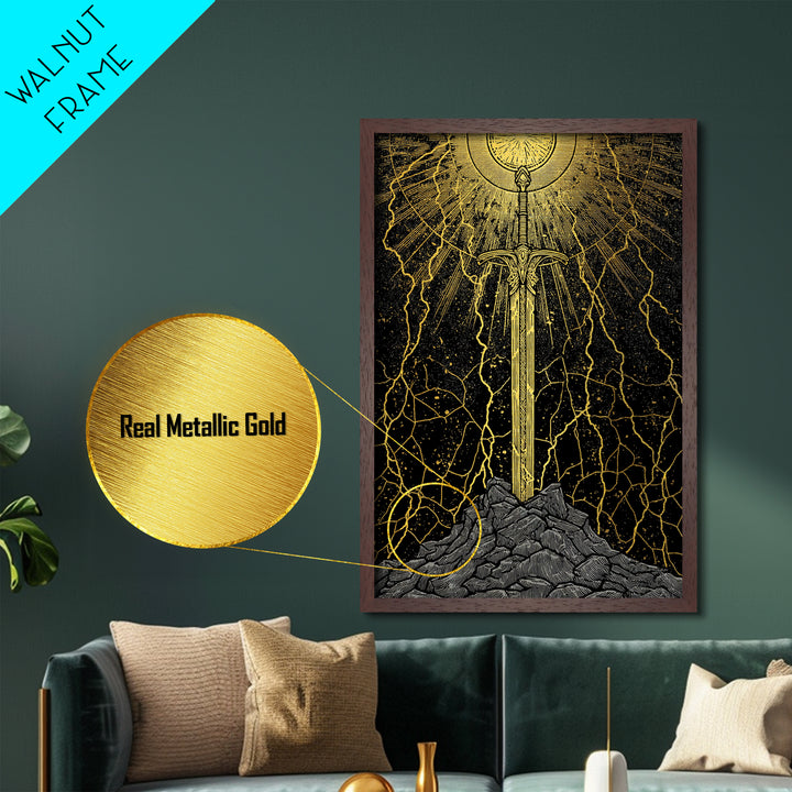 Viking Sword Metallic Gold Art, Norse Mythology Weapon Metal Art with Lightning, Office Wall or Dad Gift, Framed in Wood