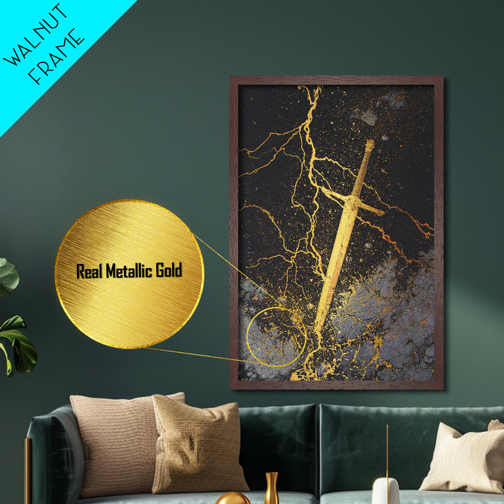 Runed Viking Sword Metallic Gold Art, Nordic Mythology Inspired Metal Art for Office Wall or Man Cave, Natural Wood Frame