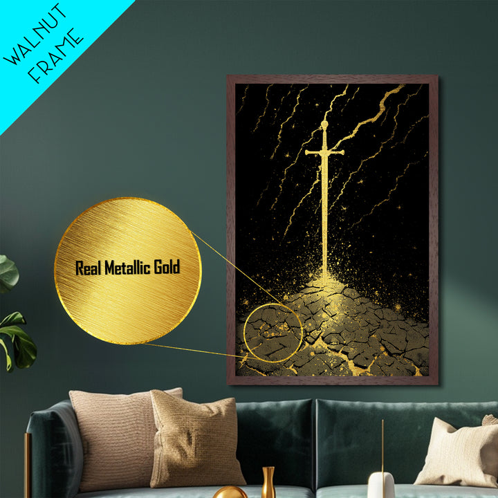 Odin’s Throne Metallic Gold Art, Viking Wolves and Norse Mythology Metal Art for Man Cave or Office Wall, with Real Wood Frame