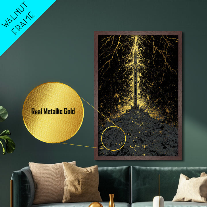 Nordic Throne Metallic Gold Art, Viking Symbolism Metal Art with Wolves and Carvings, Office or Dad Gift, Framed in Natural Wood