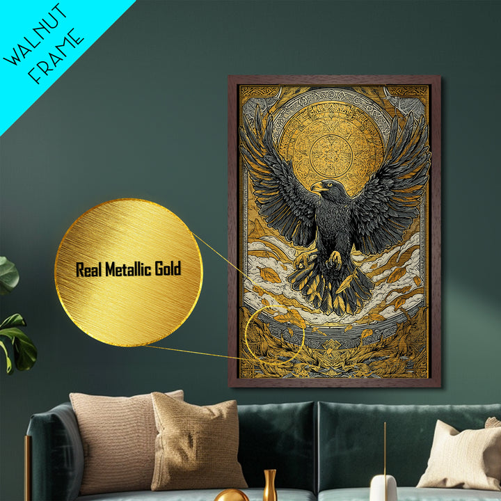 Nordic Eagle Guardian Metallic Gold Art Metal Art | Viking Wall Decor Norse Mythology Art for Men | Mounted in Real Wood Frame
