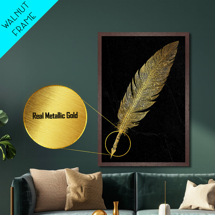 Runic Feather Quill Metallic Gold Art Metal Art | Viking Mythology Writing Symbol Wall Decor | Office or Study Gift with Wood Frame