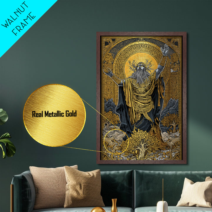 Norse God Metallic Gold Art Metal Art – Odin Inspired Mythology Wall Decor for Office, Man Cave, or Dad Gift, real wood frame