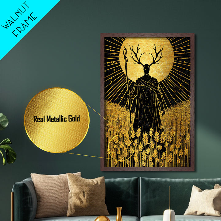 Nordic Frey God of Fertility Metallic Gold Art Metal Art, Viking Mythology Wall Decor, natural wood framed art, Office and Dad Gift
