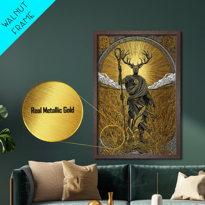 Norse God Frey Metallic Gold Art Metal Art, Nordic Mythology Wall Decor, framed in real wood, Viking Office Wall Art, Unique Dad Gift