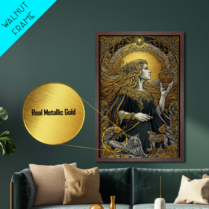 Norse Goddess Freyja Metallic Gold Art Metal Art, Viking Wall Decor framed in natural wood, Nordic Office Art and Unique Gift for Him