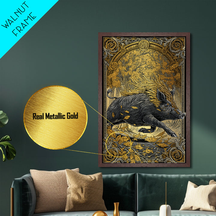 Norse Boar Gullinbursti Metallic Gold Art Metal Art Viking Wall Decor Nordic Mythology Gift Dad Office Art framed in solid wood