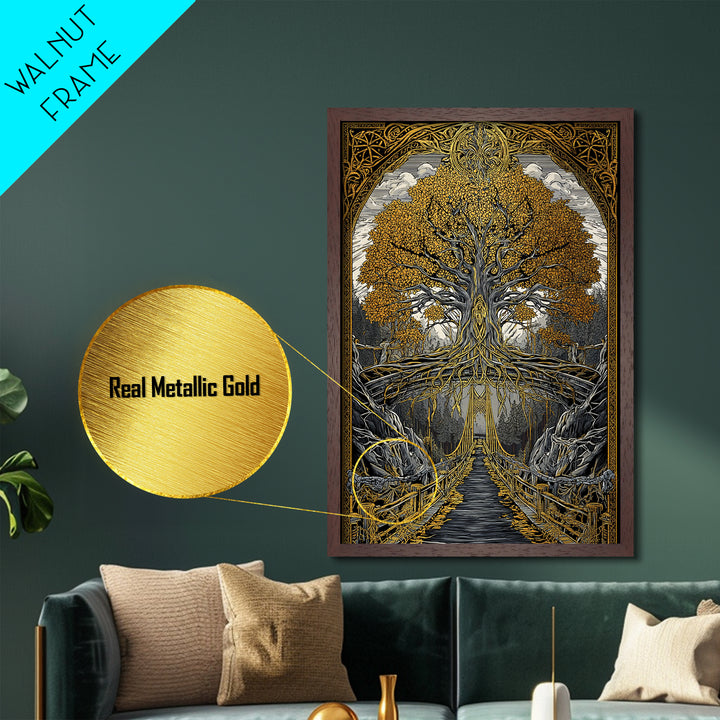 Nordic Helheim Bridge Mythology Print Metallic Gold Art Metal Art Viking Wall Decor for Men Office or Dad Gift framed in wood